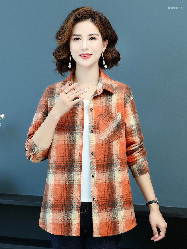 

Women's Blouses Women Casual Plaid Shirts Orange Yellow Dark Brown Checked Pattern Cotton Top Female Long Sleeve Turn Down Collar Clothings