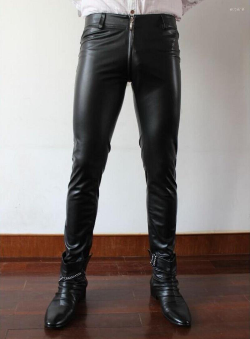

Men's Pants Zipper Leggings Men Sexy Elastic Leather Nightclubs Bars Black 2023 Performances Male Trousers 29-39
