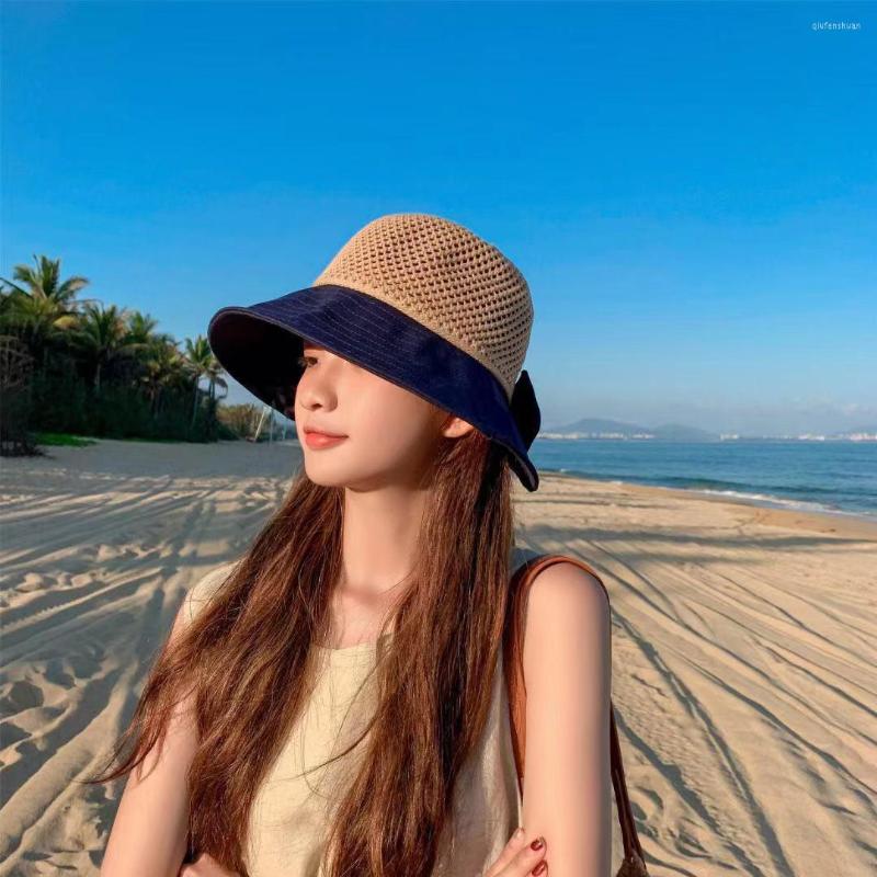 

Berets Sun Hat Spring And Autumn FishermanSummer Female Hats Big Brim Classic Bowknot Foldable Fashion Straw Casual Outdoor Bea, Black