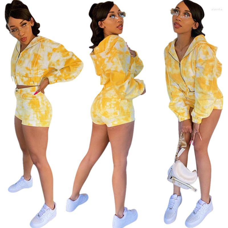 

Women' Tracksuits 2022 Female Autumn And Winter Print Two Piece Short Hooded Long Sleeved Shirt Button Shorts Fashion Trend Wild Sexy Style, Yellow
