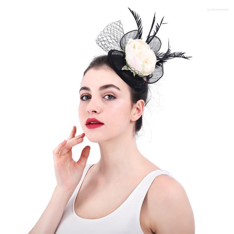 

Headpieces Europe America Handmade Flax Mesh Small Hat Black Feather White Big Flower Hair Accessories Elegent Fashion Headpiece