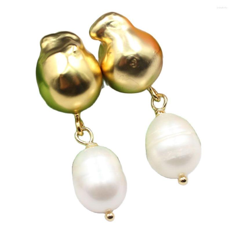 

Dangle Earrings GuaiGuai Jewelry Cultured White Rice Pearl Gold Plated Keshi Inside Stud Handmade For Lady