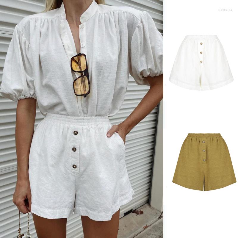 

Women' Tracksuits Women Linen Cotton Set Covered Buttons Puff Sleeve Stand Collar Shirt Blouse Or Elastic Waist Straight Shorts 2022, White shorts