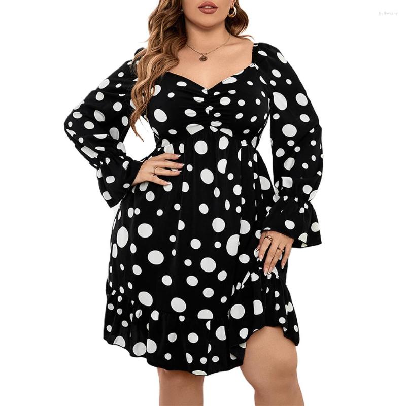 

Plus Size Dresses Women Polka Dots Dress Long Sleeve Knee Length Autumn Square Collar Vintage Elegant Loose Luxury Clothing, Black