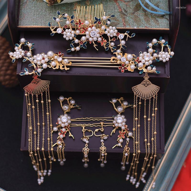 

Hair Clips Elegant Blue Pearl Chinese Bride Headdress Marriage Antique Comb Dragon And Phoenix Ornament Accessories