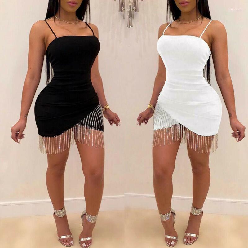 

Casual Dresses Sexy Sling Tassels Hem Bodycon Dress Women Strap Evening Club Mini 2022 Summer Lady Solid Sheath Fashion Sundress, White