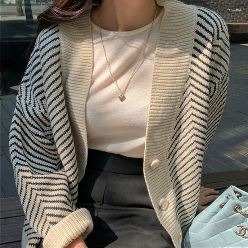

Women's Knits Women's Sweaters Spring Autumn 2022 Fashionable Striped Casual V-Neck Female Cardigans Single Breasted Loose Ladies, Black strips