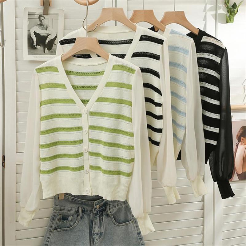 

Women's Blouses Autumn Thin Knitwear Striped Sweater Cardigan Women Elegant Blouse Korea Fashion Shirt Crop Top Short Coat Outwear, White