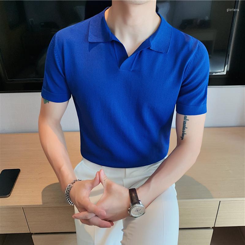 

Men's T Shirts Summer Mens Short Sleeve KniSolid Color T-shirt Korean Fashion Slim Fit Men Casual V Neck Ice Silk Polo Shirt Plus Size 4XL-M, Black