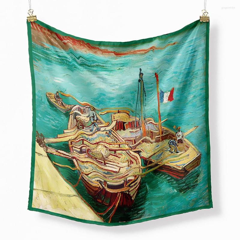 

Scarves Twill Silk Scarf Women Bandana Neckerchief Small Hijab Foulards Lady Tie Hair Headband Euro Boat Oil Painting