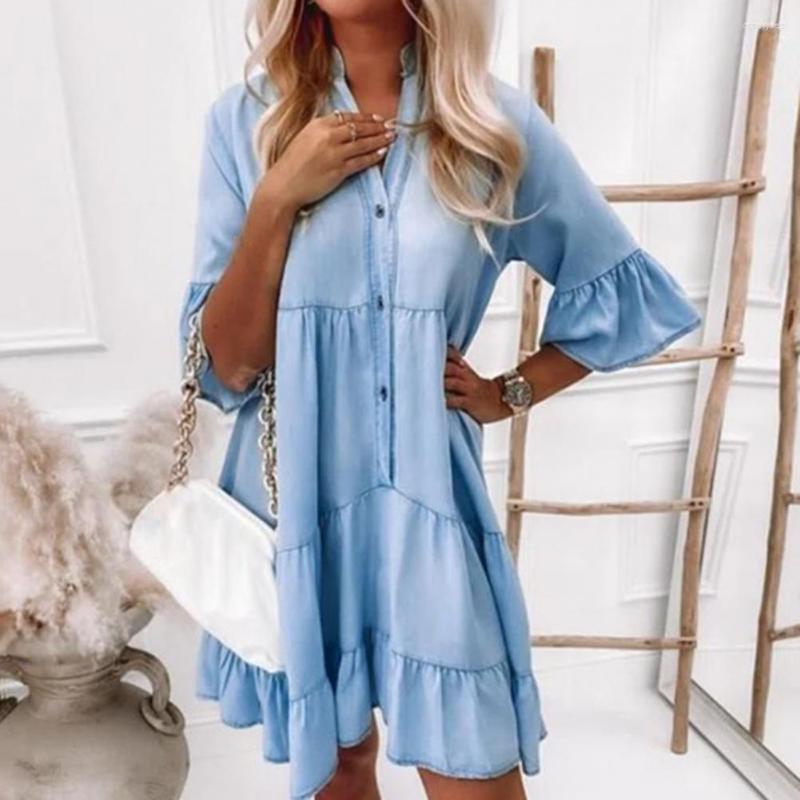 

Party Dresses  - 3XL Cotton Denim Women Dress Solid Color Mid Sleeves A-line Pattern Above Knee Stand Collar Ruffle Shirt Daily Clothes, Light blue