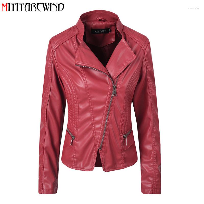 

Women' Leather Spring Autumn PU Jacket Women Stand Collar Short Style Slim Fit Coat Oblique Zipper Moto&biker, Beige