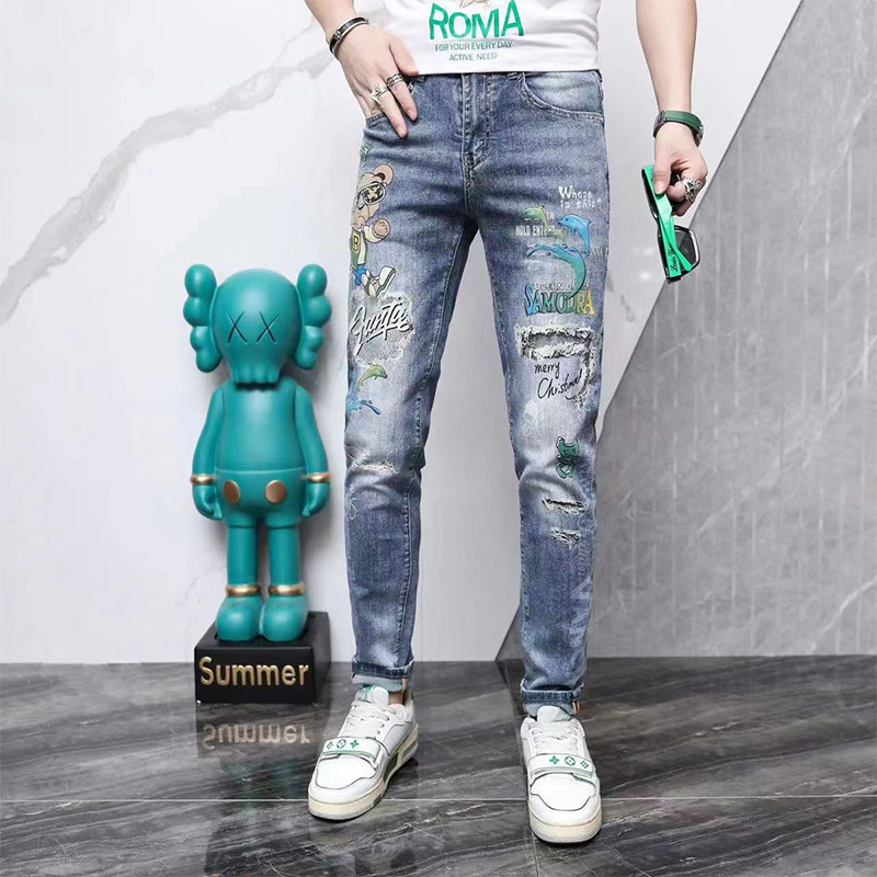 

Men's Jeans Slim Fit Small Feet Light Blue Cartoon Print Fashion Brand Four Season Pencil Pants Young Streetwear Male Trousers Men's Clothing, As shown