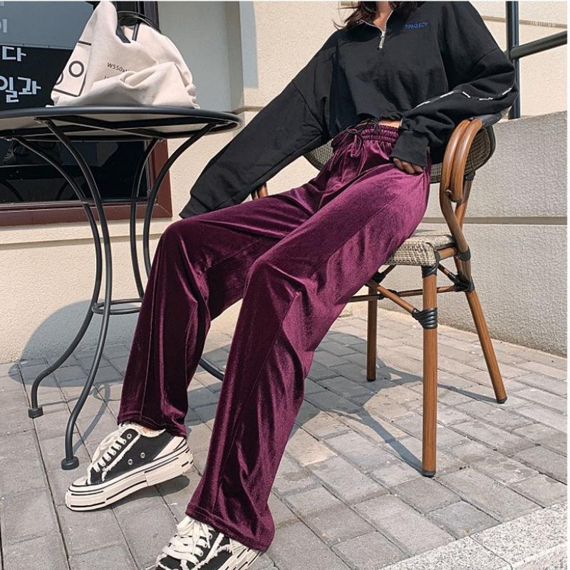 

Women's Pants Sweat Women Streetwear Gold Velvet Wide Leg High Waist Fashion Casual Elastic Mopping Trousers, Navy