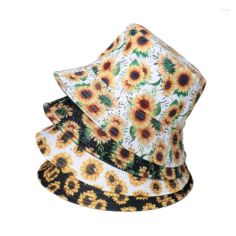 

Berets Ins Sunflower Panama Women Sunshade Bucket Hats Female Flower Pot Fisherman Hat Lady Double Sided Wearing Sun Caps