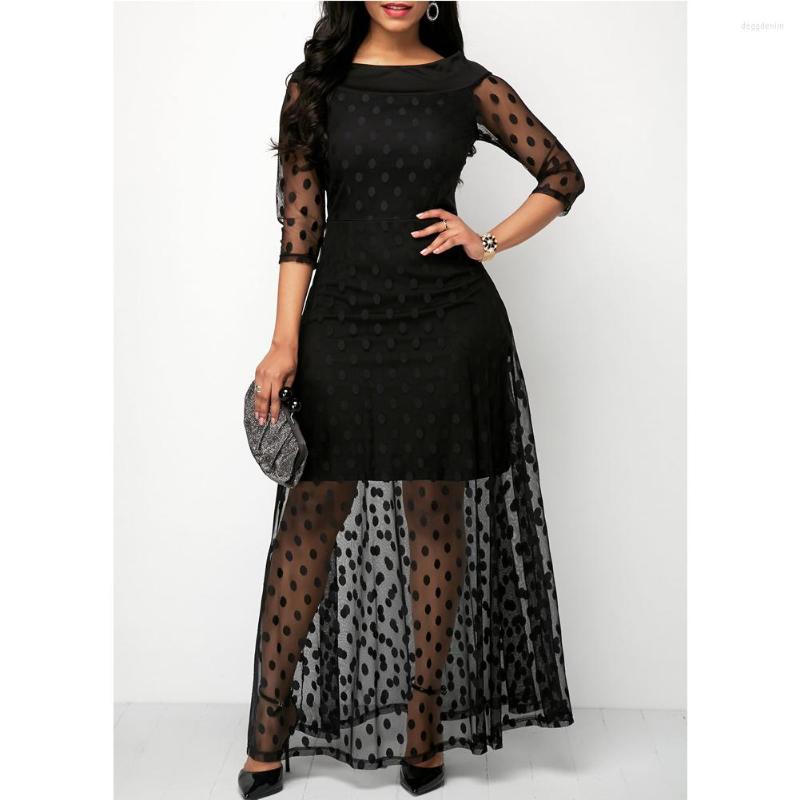 

Party Dresses Fashion Women Polka Dot Mesh Black Dress Office Lady Half Sleeve Fit And Flare Long Spring Fall Plus Size -2XL