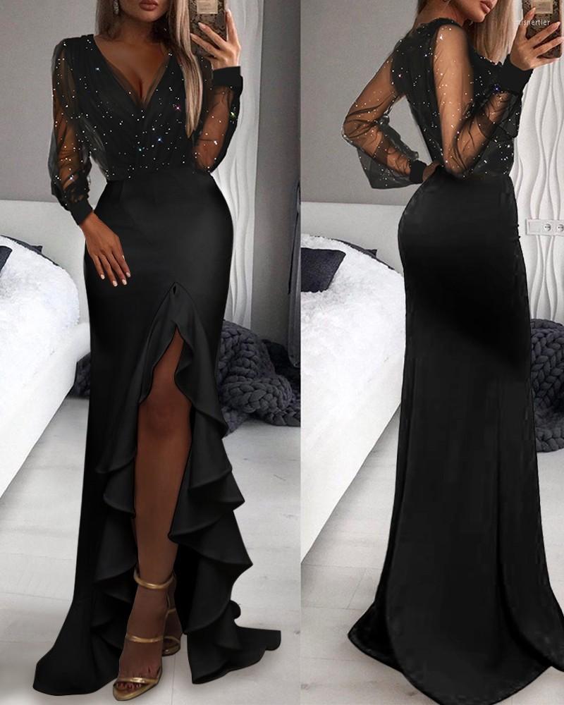 

Casual Dresses Summer Autumn 2022 Long Sleeve Deep V-neck Sexy High Slit Ruffles Floor Skirts Sequined Women Party Evening Elegant Dress, Black