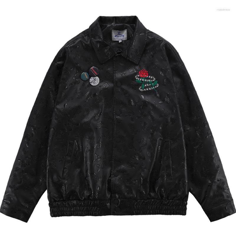 

Men' Jackets Men' Black Lapel Leather Jacket Men' Fall Rose Embroidered Street Motorcycle Loose Embossing Couple Windproof