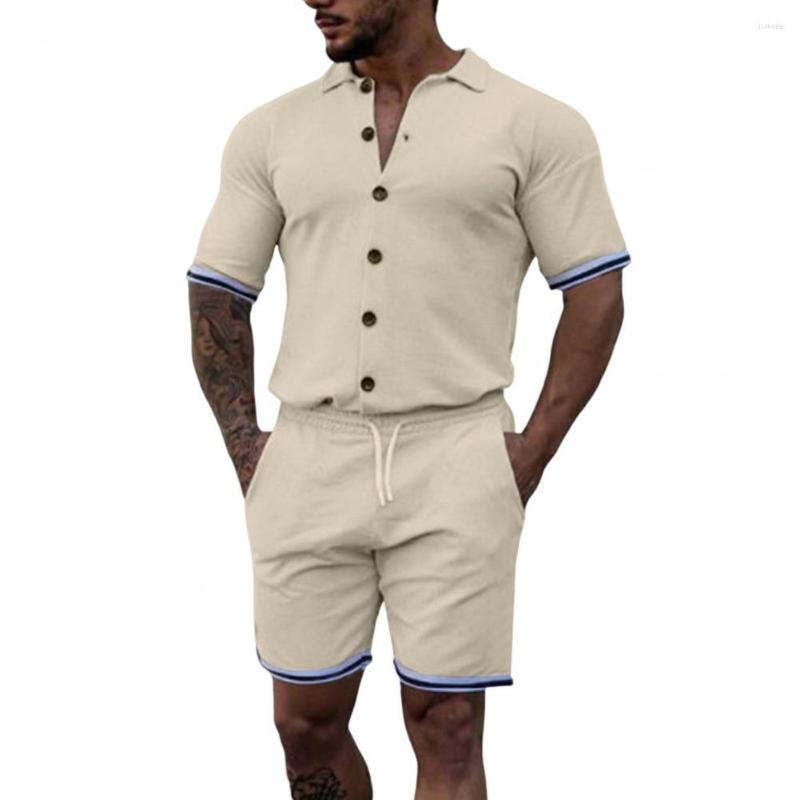 

Men's Casual Shirts 2 Pcs/Set Men Tops Shorts Suit Solid Color Two-piece Short Sleeves Elastic Waist Drawstring Lapel T-shirt Pants Set For, Red