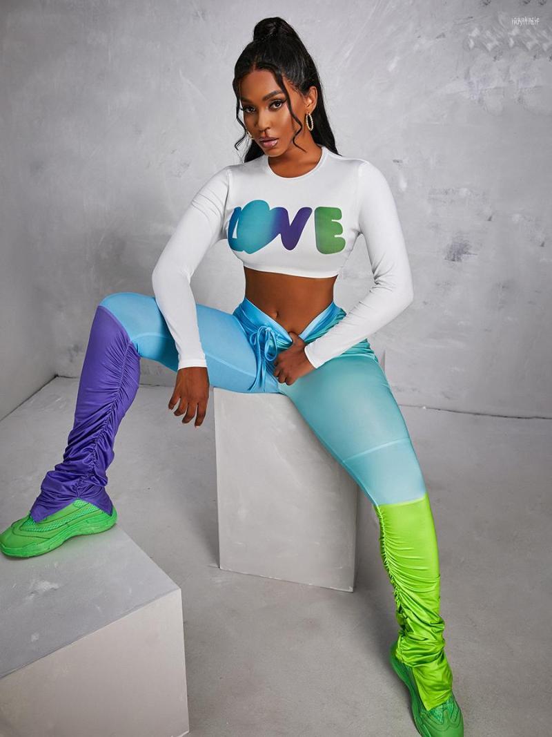 

Women' Jumpsuits Women' LW Two Piece Crop Top Love Heart And Letter Print Ruched Pants Matching Outfits For Women Long Sleeve Sheath, Multi