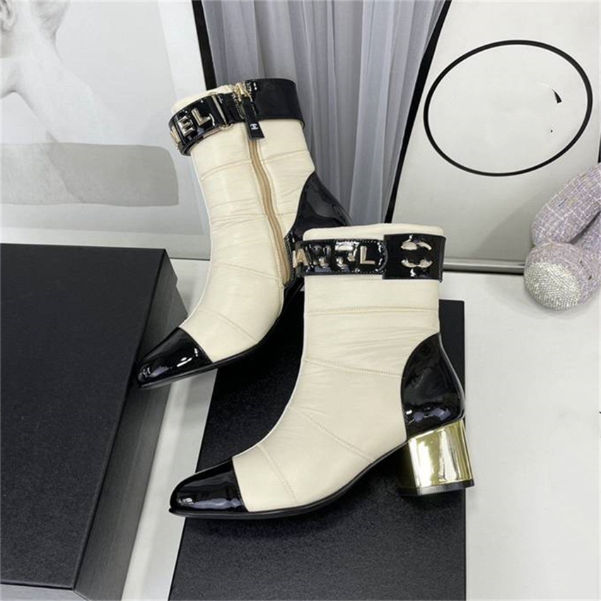 

Top Design Winter Boots Channel Fashion Women Vintage Decorative Leather Cotton Cloth Wool Warm Keeping High Heel Thick Sole Snow Flat Socks Shoes 04-021