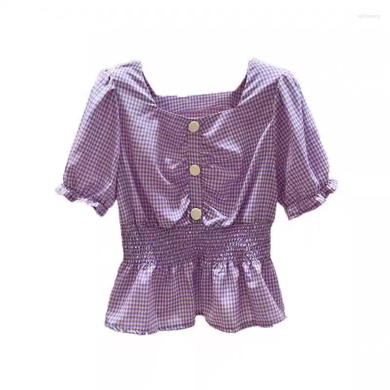 

Women' Blouses Korean Summer V-neck Versatile Checked Short-sleeved Shirt Slim Fashion, Purple