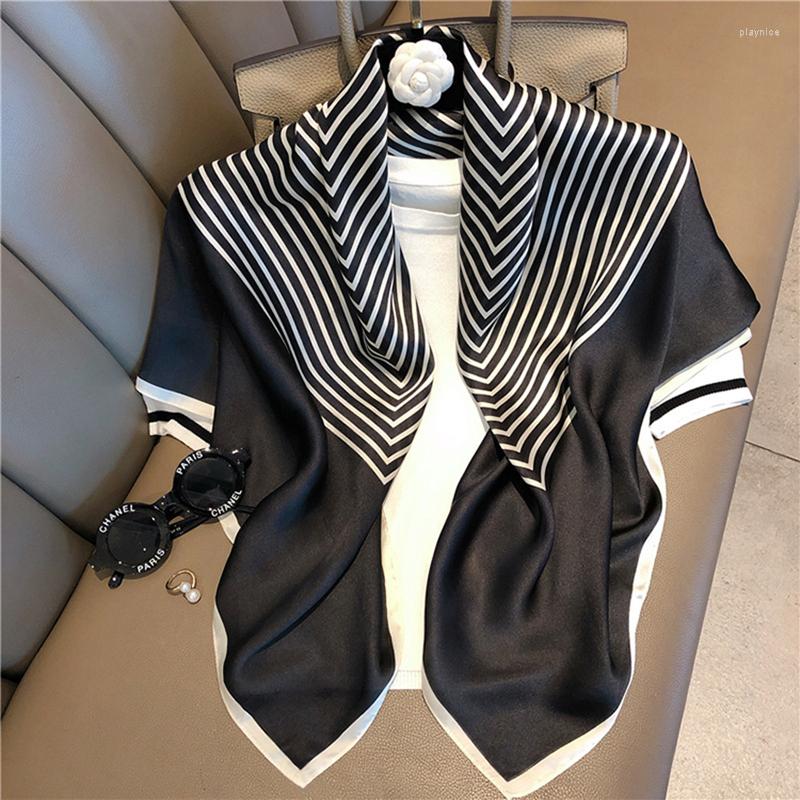 

Scarves Square Silk Scarf For Women Satin Print Striped/Floral Hijab Pareo Bandana Female Shawl Wrap Neckerchief Foulard 90 90cm