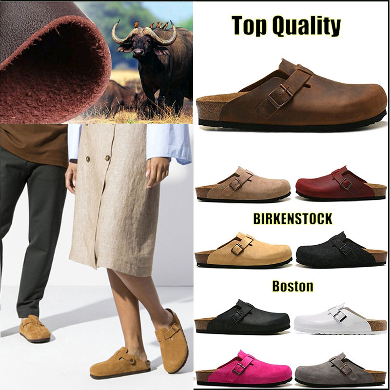 

BIRKENTOCK Boston 2022 Mens Womens Slippers Leather Clogs Cork Flat Fashion Leather Slide outdoor Beach Sandals 35-46, Black