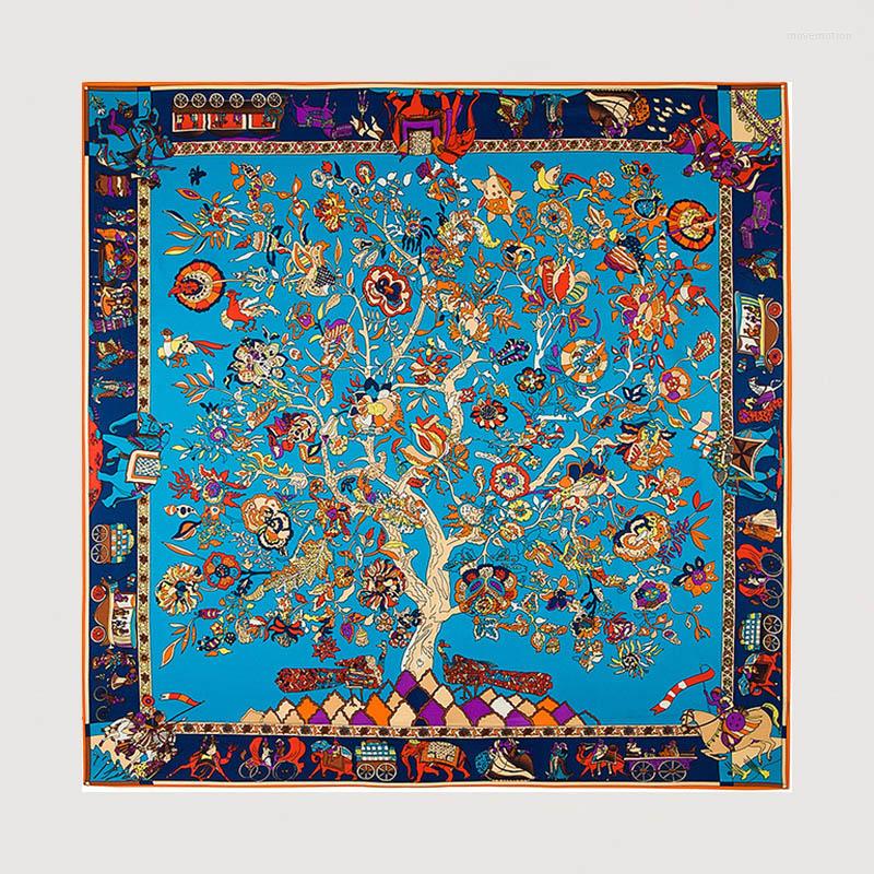 

Scarves 130 130Cm Large Silk Square Scarf For Women Tree Print Designer Luxury High Quality Lady Shawl Hijab Head