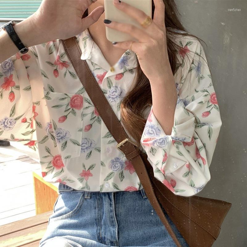 

Women's Blouses Floral Print Chiffon Blouse Women Loose Fit Long Sleeve Top Single Breasted Button Down Work Office