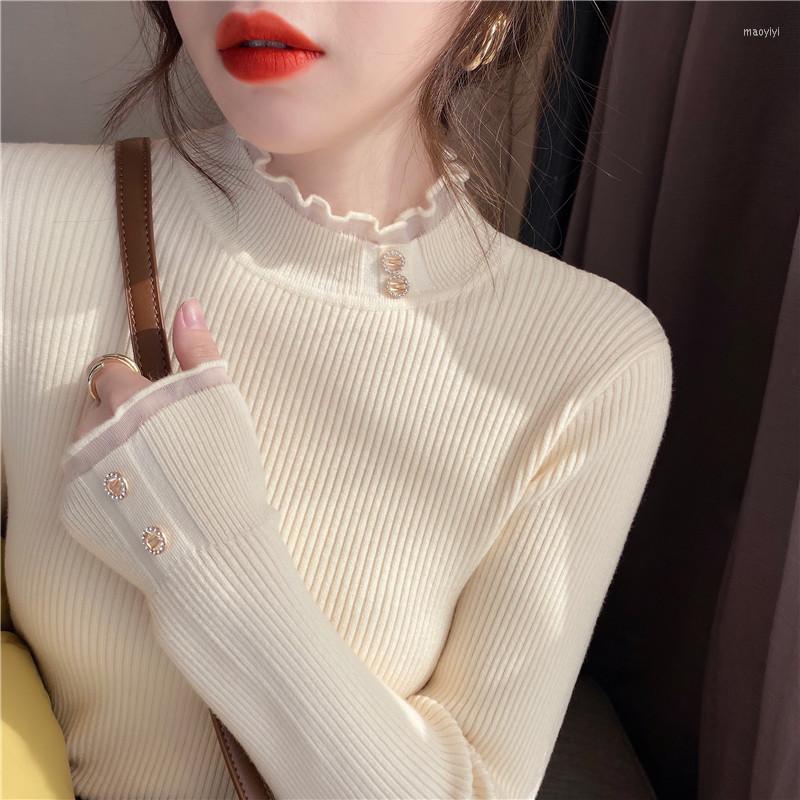 

Women's Sweaters White Knitting Base Coat Women Spring Autumn And Winter Fashionable Foreign Style Lace Inside Half High Neck Sweater, Black