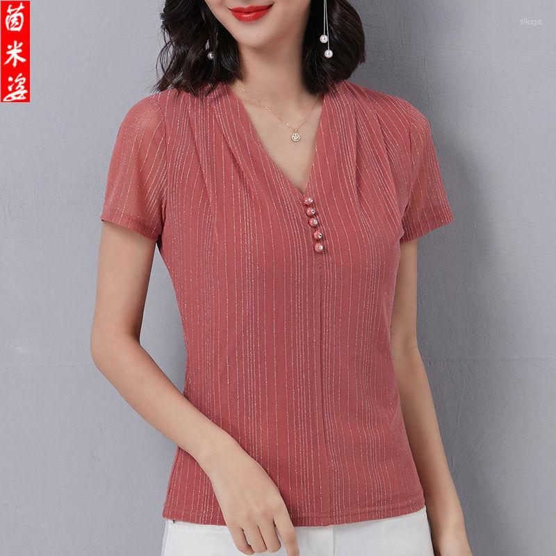 

Women's Blouses Women Blouse 2022 Summer Women's Flash Silk V-neck Top Bright Short Sleeve T-shirt Blusas Mujer De Moda, Black