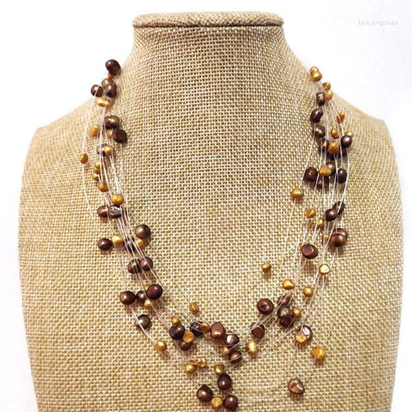 

Pendant Necklaces 18-24 Inches Coffee Illusion 4-8mm Nugget Freshwater Pearl Multi-layered Necklace