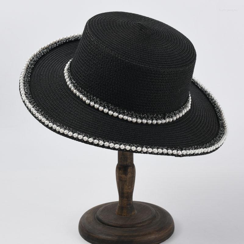 

Wide Brim Hats 2022 Summer Women Sequin Visor Cap Jazz Travel England Pearl Beach Caps Straw Hat Casual Panama Sun, White