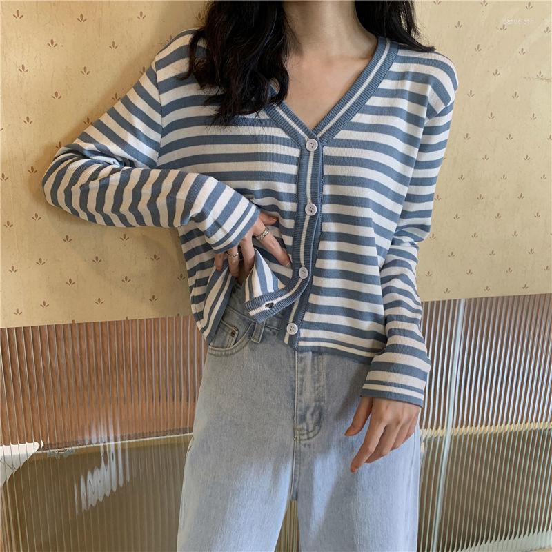 

Women' Knits Woman Sweaters Cardigan Casual Small Top Autumn Striped Long-Sleeved Sweater Women' Outer Wear V-neck Short, Black