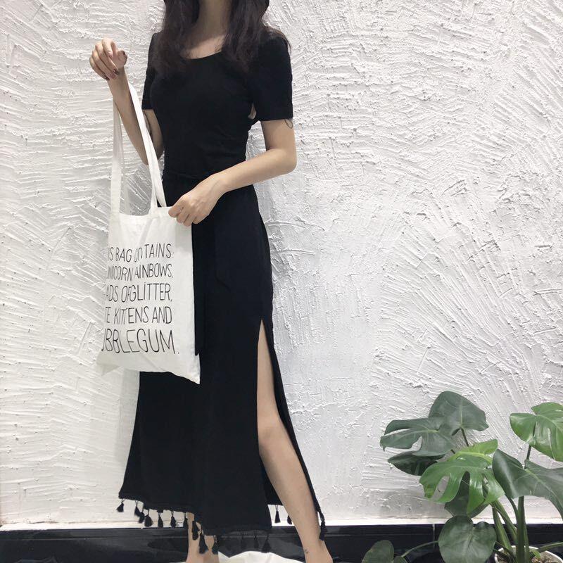 

Casual Dresses Women Retro Summer Fashion Fringed Hem Cross Back Midriff Outfit Long Dress For Vestido De Mujer Femme Robe, Black