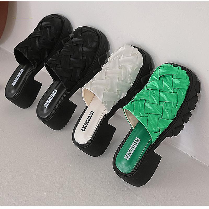 

Slippers Platform Mules Braided Package Head Half Female Thick Bottom One Foot Stirrup Casual Fashion Women's Shoes Sandals, White