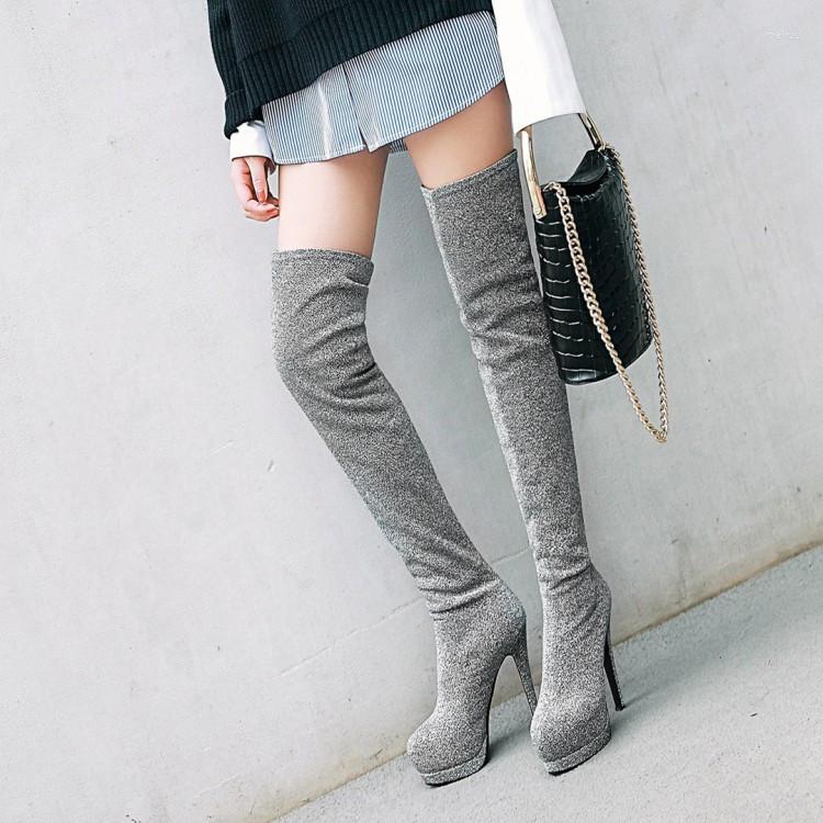 

Boots PXELENA 5 Colors Sexy Stretch Fabric Thigh High Women Shoes Platform Stiletto Super Heels Over The Knee Long, Black