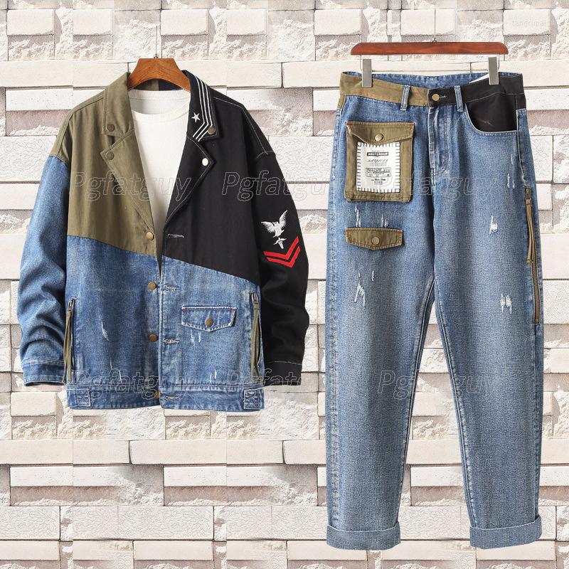 

Men's Tracksuits Spliced Denim Jackets And Jeans Autumn Mens Loose Embroidered 2Pcs Set Long Sleeve Single Breasted Pant, Jacket and jeans