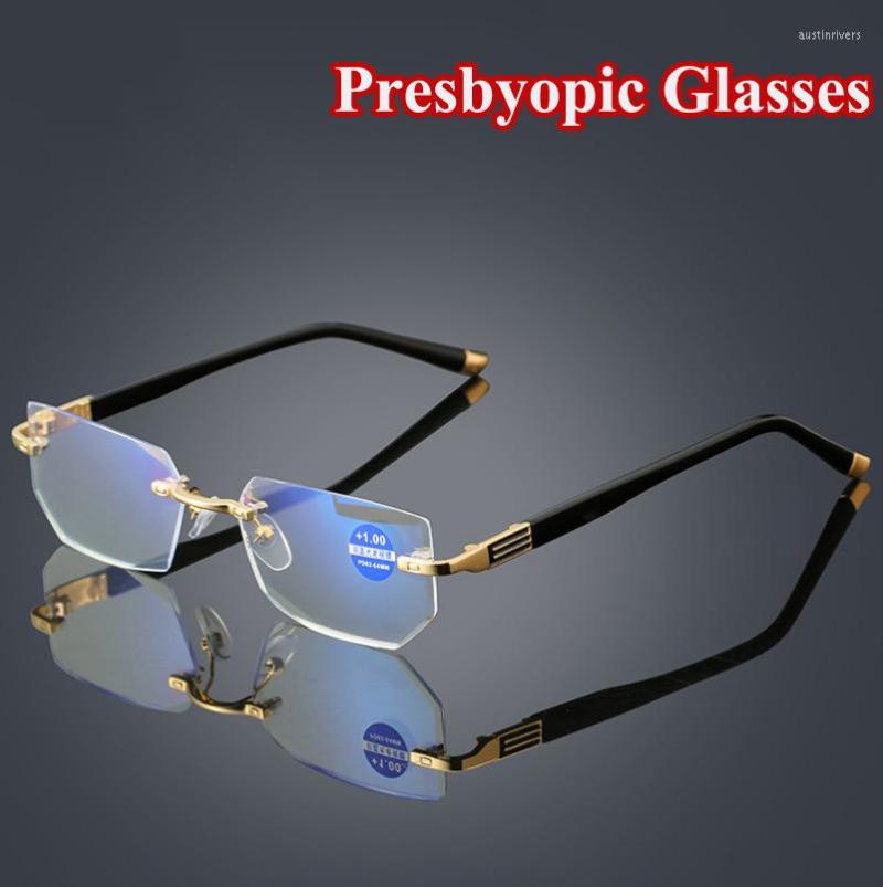 

Sunglasses Presbyopic Glasses Men Dimond Cutting Rimless Frame Anti Blue Light Blocking Eyeglasses Women Fatigue Hyperopia Eyewear