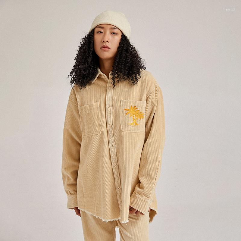 

Men' Casual Shirts Original Tide Brand Palm Tree Embroidered Washed And Worn Top Quality High Street Men Women Loose Corduroy Long-sleeve, Beige