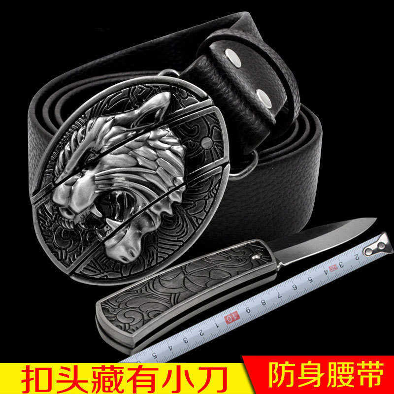 

Men's women leather personalized belt knife smooth buckle defensive belt knife fashion punk button Fashion vintage men ladies belts multiple styles, As pic