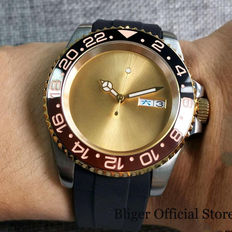 

Wristwatches Nologo 10ATM Waterproof Japan NH36A Automatic Men Watch Weekday Black Brown GMT Insert Curved End Ruuber Band 120 Clicks Bezel, Insert b