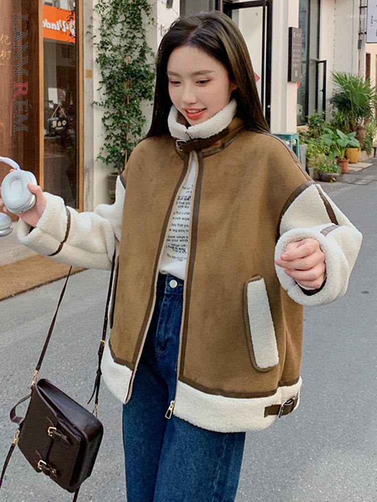 

Women' Fur LANMREM Locomotive Lamb Wool Coat For Women Lapel Zipper Long Sleeves Stitching Color Cool Clothing 2022 Winter 2R8901, Pink