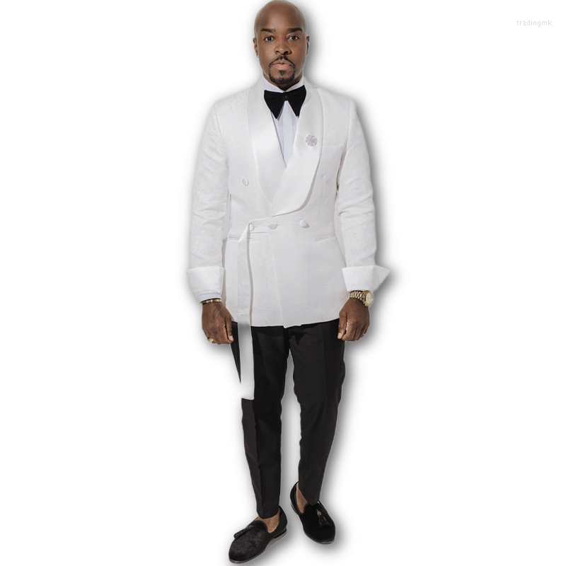 

Men's Suits White Jacquard Men Slim Fit 2 Piece Blazer Sets With Belt Double Breasted Classic Printed Floral Wedding Tuxedo Men's, Picture shown