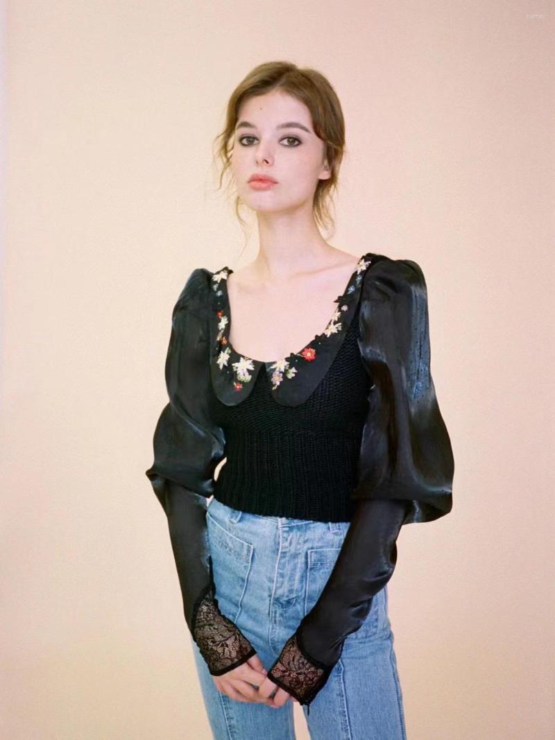 

Women' Sweaters Retro Embroidered Women Knit Top Doll Collar Puff Sleeve Slim Sweet Knitwear Sweater, Black