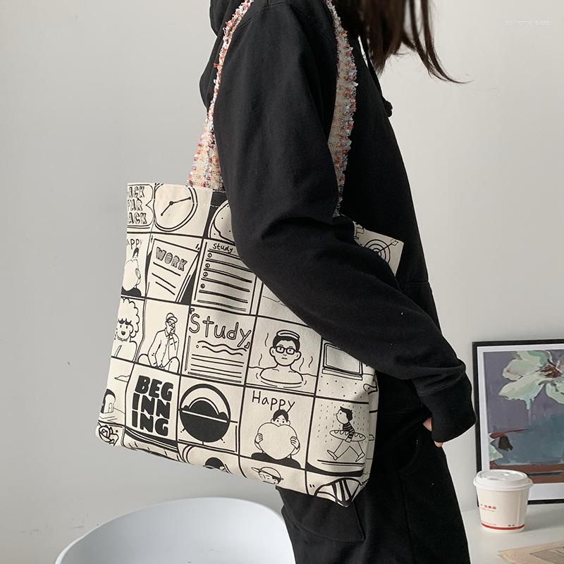 

Shopping Bags Women Retro Canvas Tote Bag Cute Cartoon Print Shoulder Large Capacity Zipper Reusable Grocery Eco Handbag, Beige