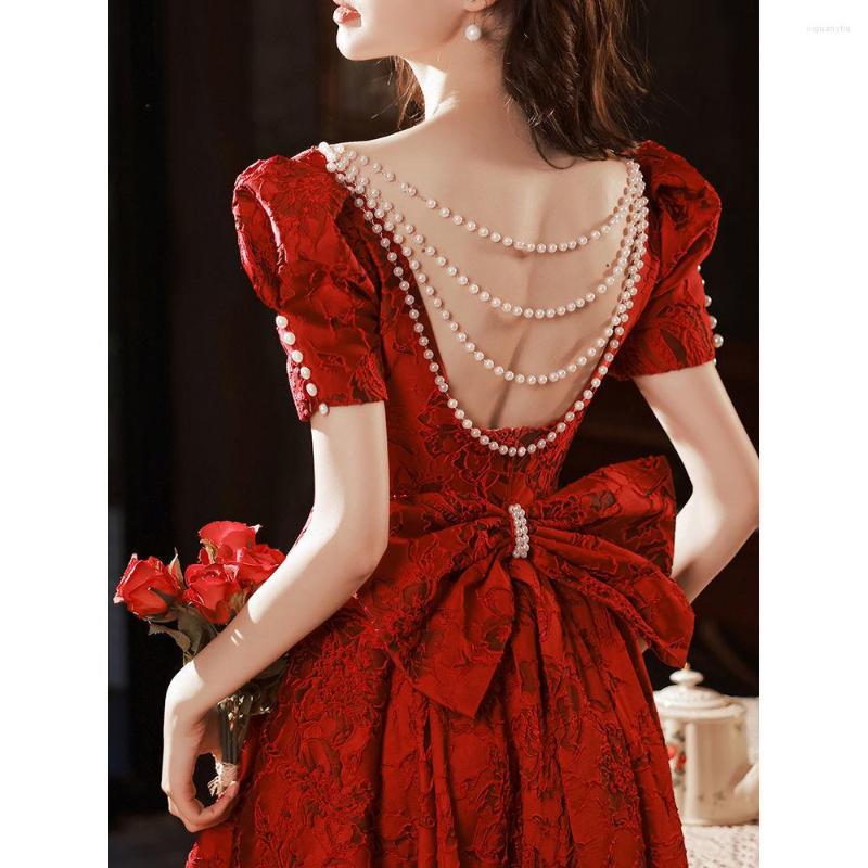 

Ethnic Clothing Princess Burgundy Floral Print Backless Prom Party Dress Sexy Short Sleeves Square Neck Toast