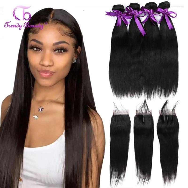 

Human Hair Bulks Straight 4 Bundles With Closure Natural Black Color Can Be Dyed 8-28 Inch Non-Remy Trendy Beauty