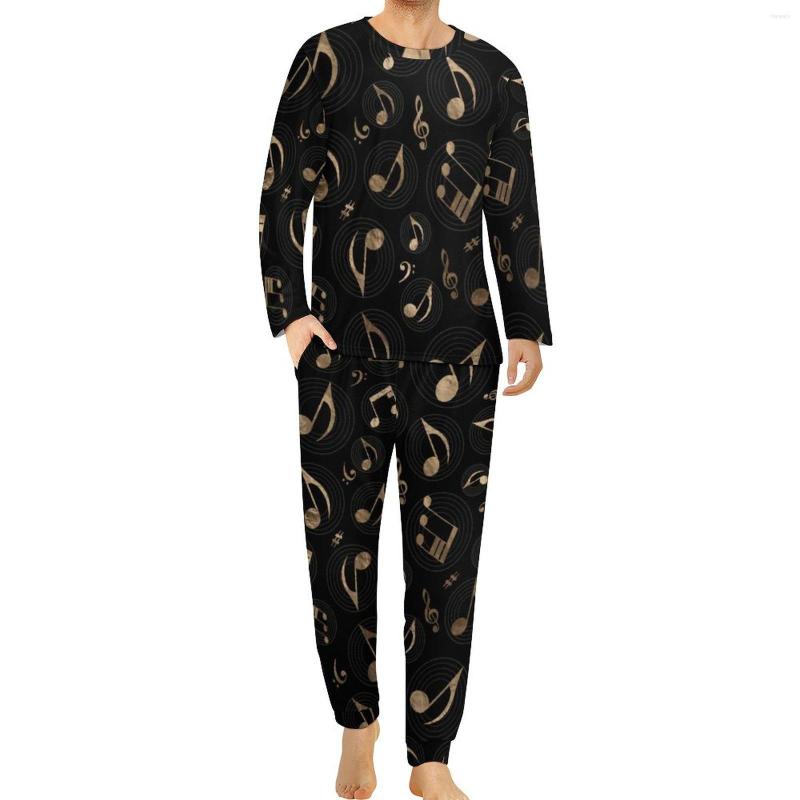 

Men' Sleepwear Music Notes Pajamas Spring Black And Gold Casual Men 2 Pieces Custom Long Sleeves Elegant Big Size Set, Style-1
